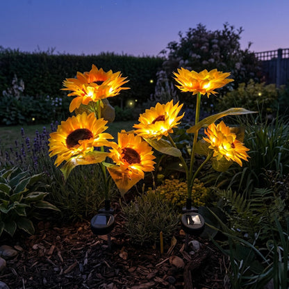 Enchanted Garden 30” Solar Sunflowers - Dual-Mode Light-Up Fiber Optic Yard Stakes