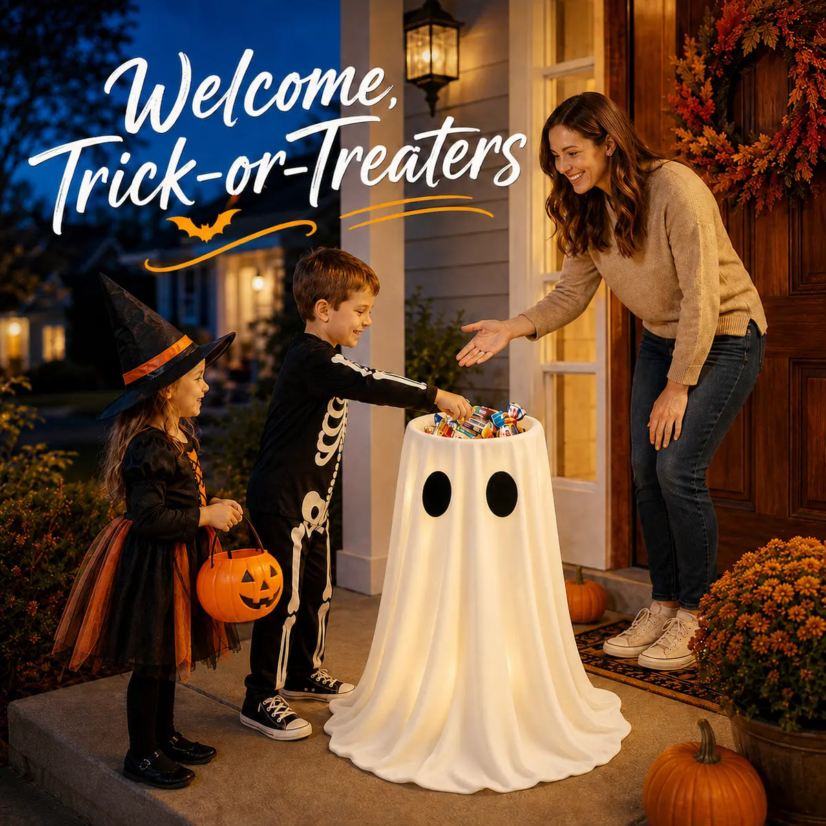 Glowing Ghost Candy Holder Lights Up Trick-or-Treat Night