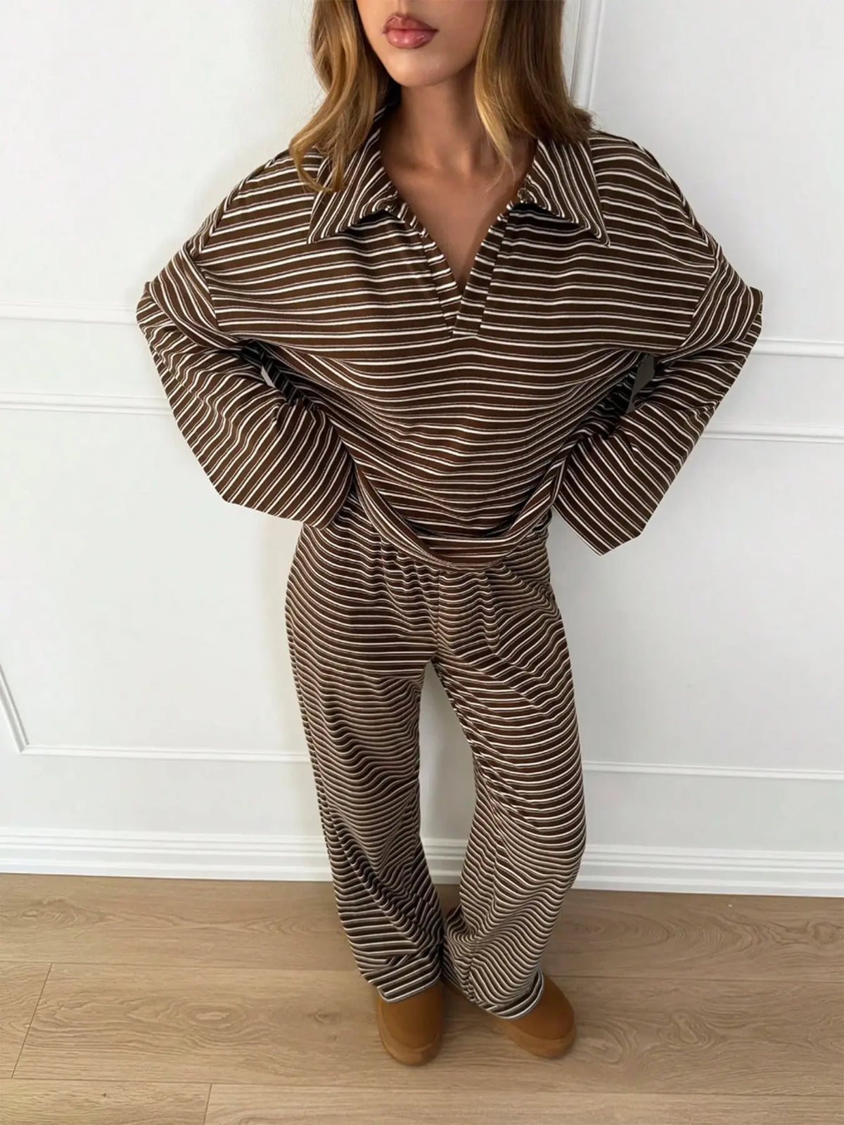 Casual Striped Long Sleeve Wide Leg Pants Lounge Set
