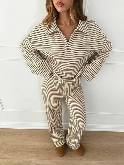 Casual Striped Long Sleeve Wide Leg Pants Lounge Set