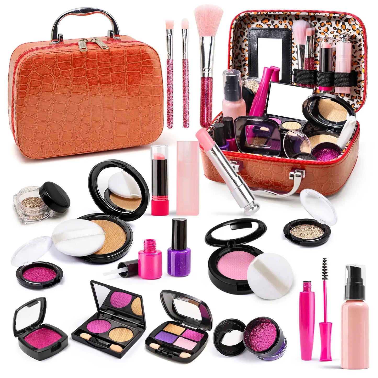 100% Mess-Free Pretend Makeup Set for Toddlers - 21 Pcs Realistic Play Vanity Kit with Soft Brushes & PU Leather Case