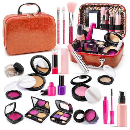 100% Mess-Free Pretend Makeup Set for Toddlers - 21 Pcs Realistic Play Vanity Kit with Soft Brushes & PU Leather Case