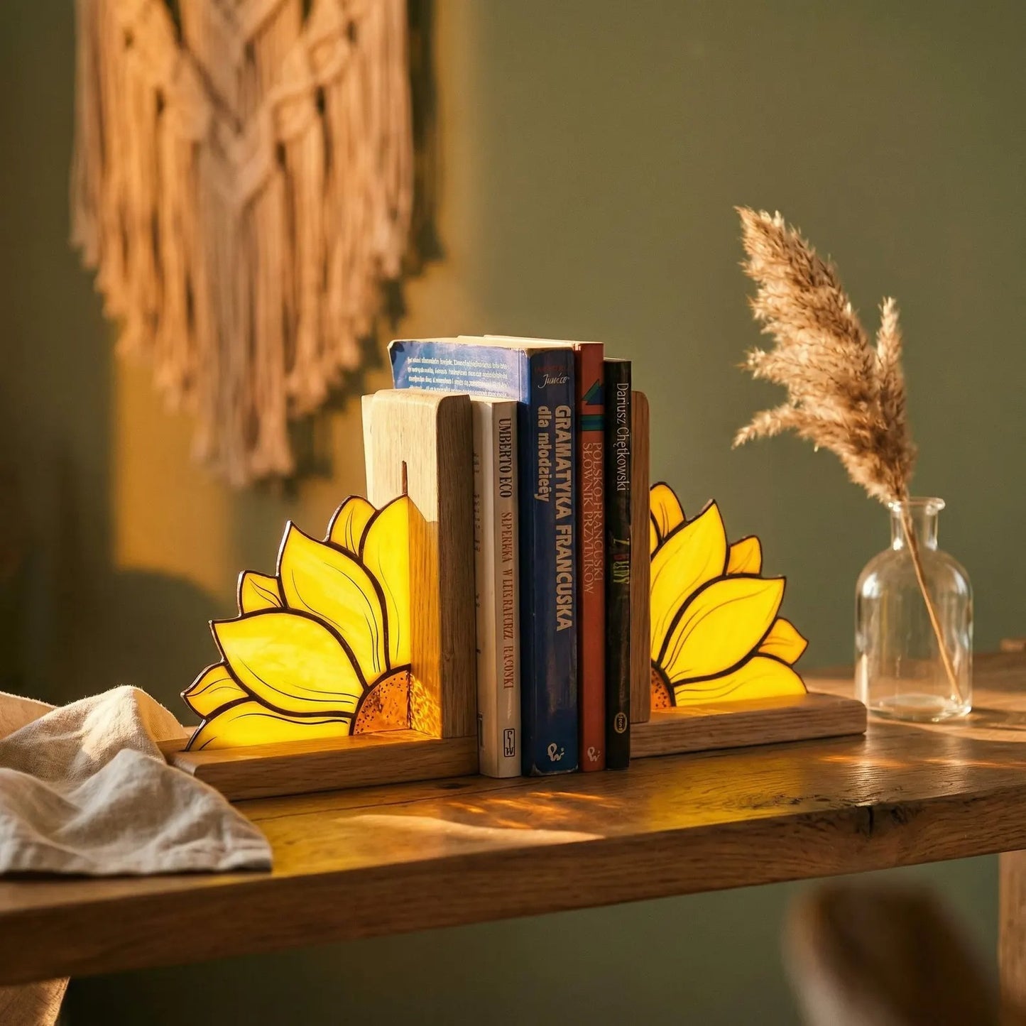 Handcrafted Sunflower Stained Glass Bookend with Premium Oak Base