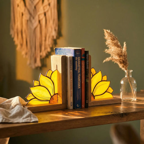 Handcrafted Sunflower Stained Glass Bookend with Premium Oak Base