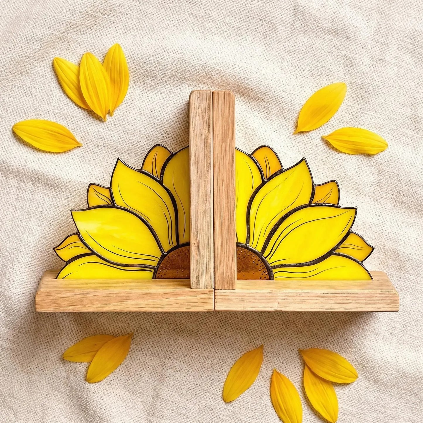 Handcrafted Sunflower Stained Glass Bookend with Premium Oak Base