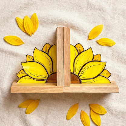 Handcrafted Sunflower Stained Glass Bookend with Premium Oak Base