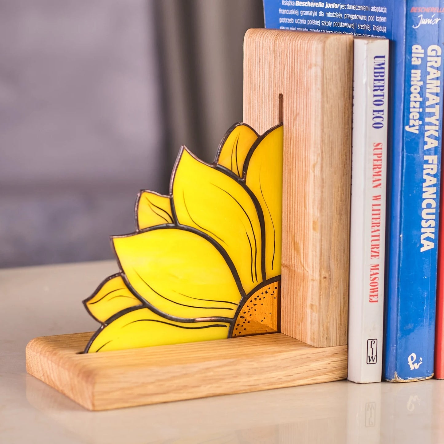 Handcrafted Sunflower Stained Glass Bookend with Premium Oak Base