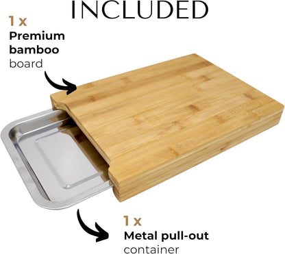 Bamboo Cutting Board with Sliding Stainless Steel Tray – Mess-Free Prep & Serving Board