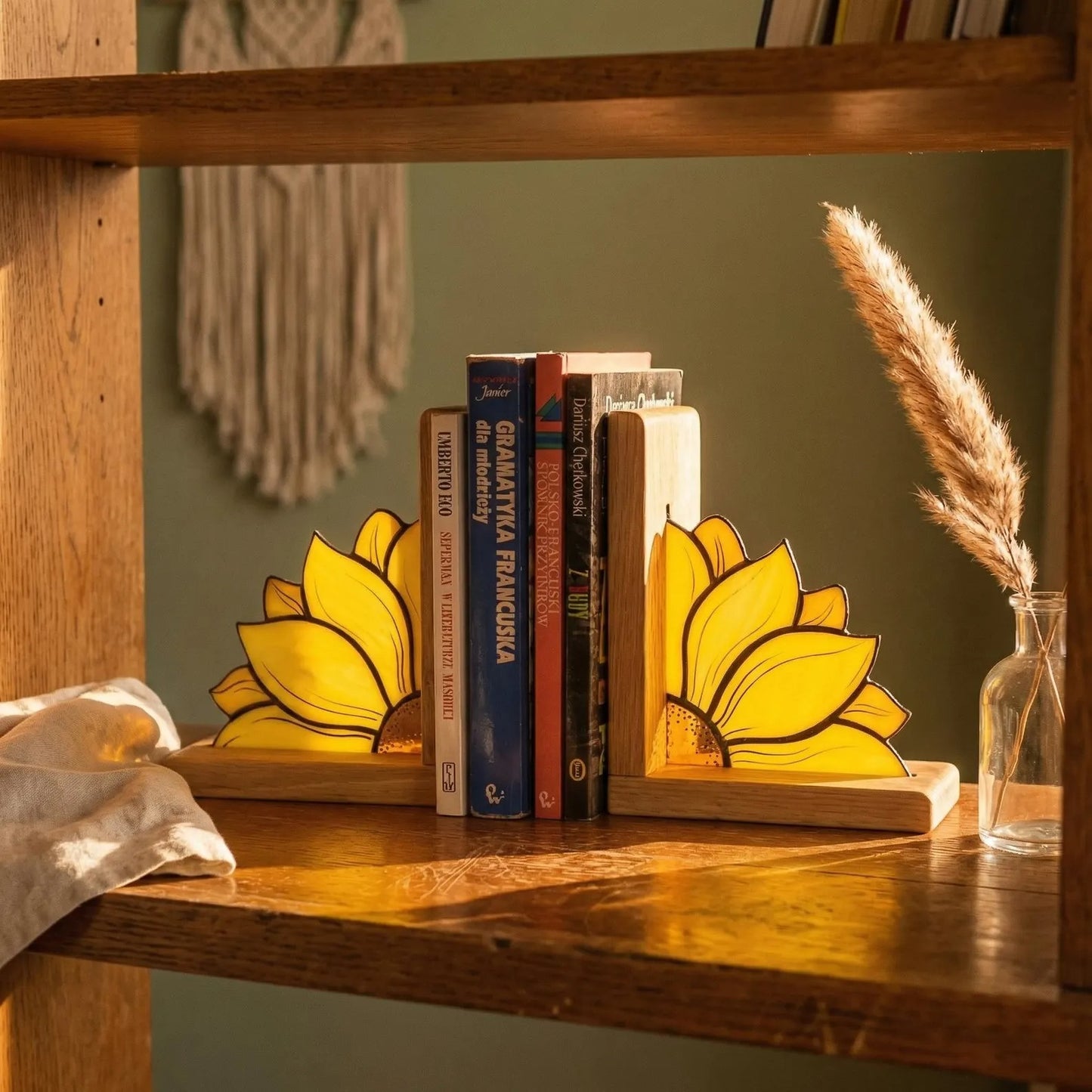 Handcrafted Sunflower Stained Glass Bookend with Premium Oak Base