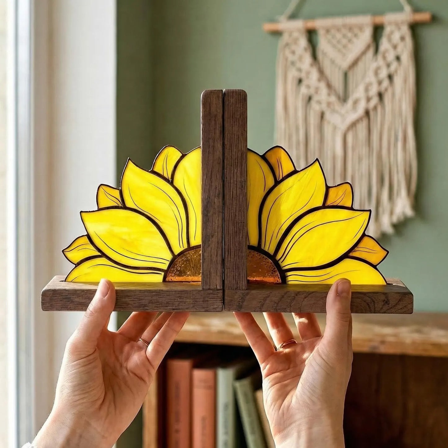 Handcrafted Sunflower Stained Glass Bookend with Premium Oak Base