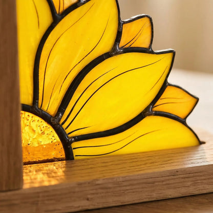 Handcrafted Sunflower Stained Glass Bookend with Premium Oak Base