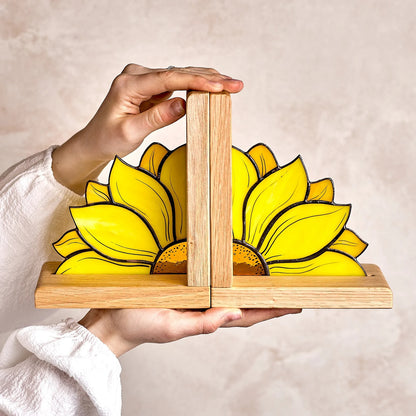 Handcrafted Sunflower Stained Glass Bookend with Premium Oak Base