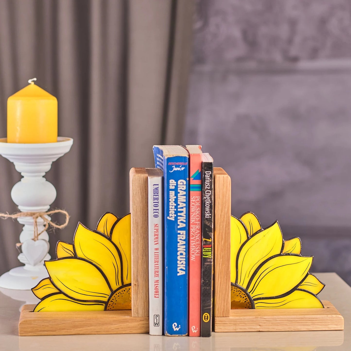 Handcrafted Sunflower Stained Glass Bookend with Premium Oak Base