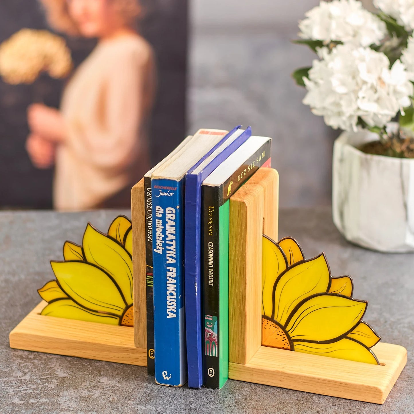 Handcrafted Sunflower Stained Glass Bookend with Premium Oak Base