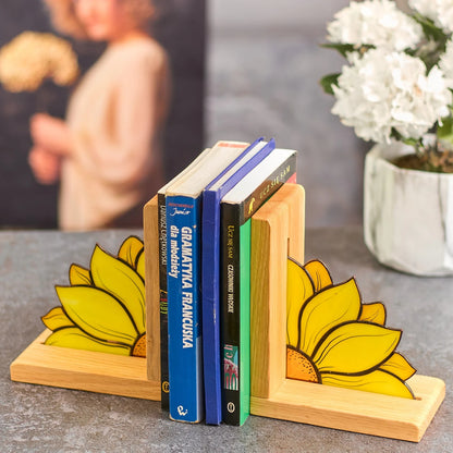 Handcrafted Sunflower Stained Glass Bookend with Premium Oak Base