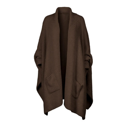 Women's Faux Sherpa Wearable Cape Blanket — One Size, Solid Color Double-Layer Design