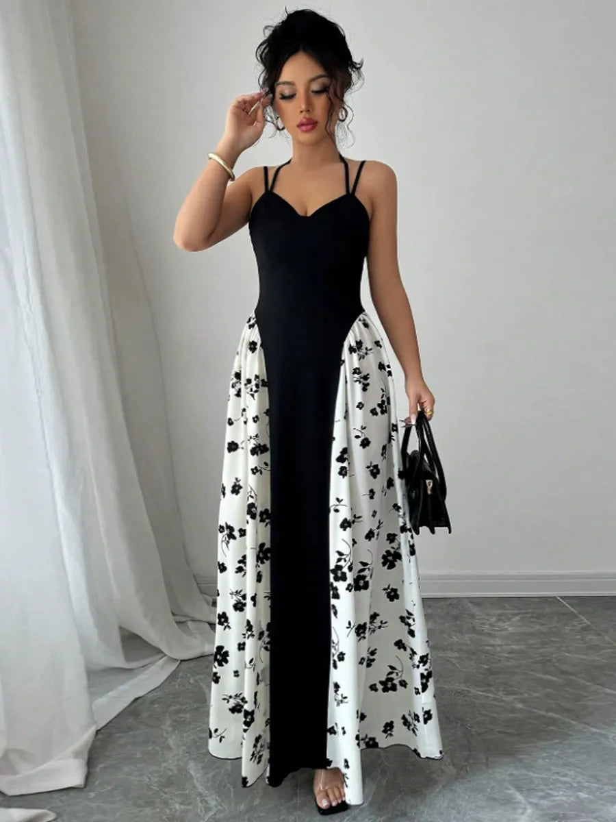 Women’s Viral Black & White Floral Maxi Dress – Elegant Spaghetti Strap Summer Dress