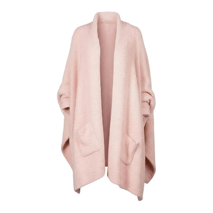 Women's Faux Sherpa Wearable Cape Blanket — One Size, Solid Color Double-Layer Design
