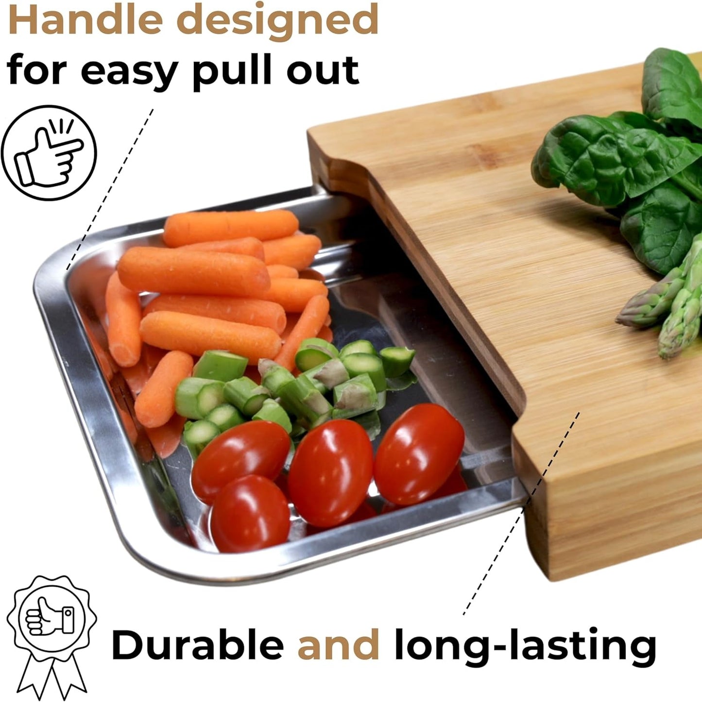 Bamboo Cutting Board with Sliding Stainless Steel Tray – Mess-Free Prep & Serving Board
