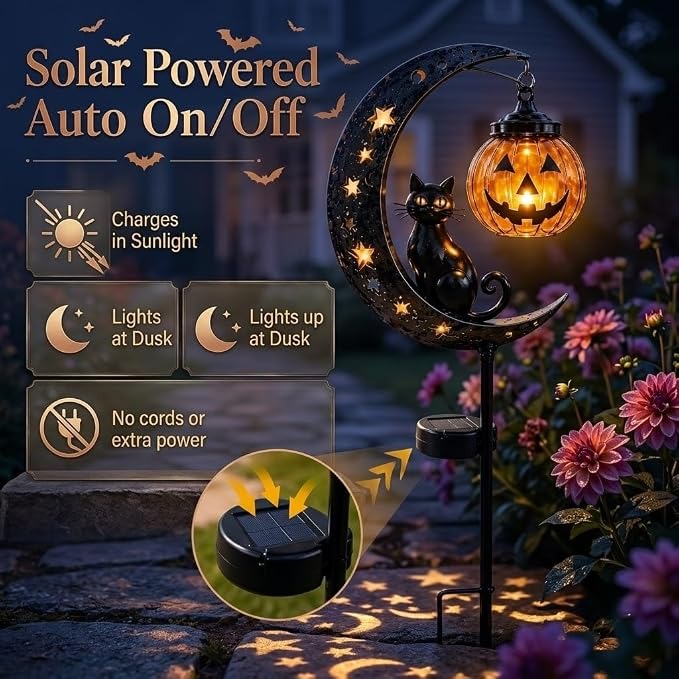 Solar Halloween Cat Garden Stake Lights – Outdoor Pumpkin Moon Yard Decor