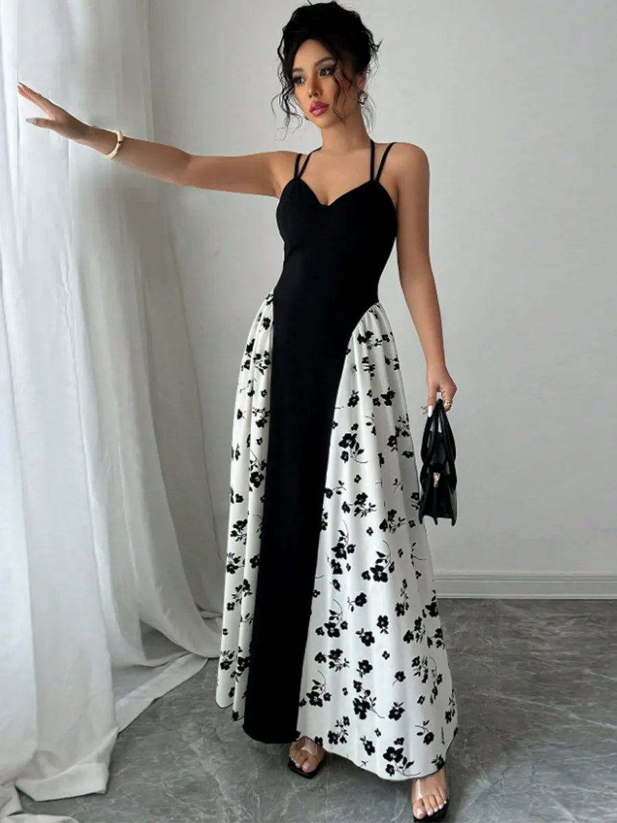 Women’s Viral Black & White Floral Maxi Dress – Elegant Spaghetti Strap Summer Dress