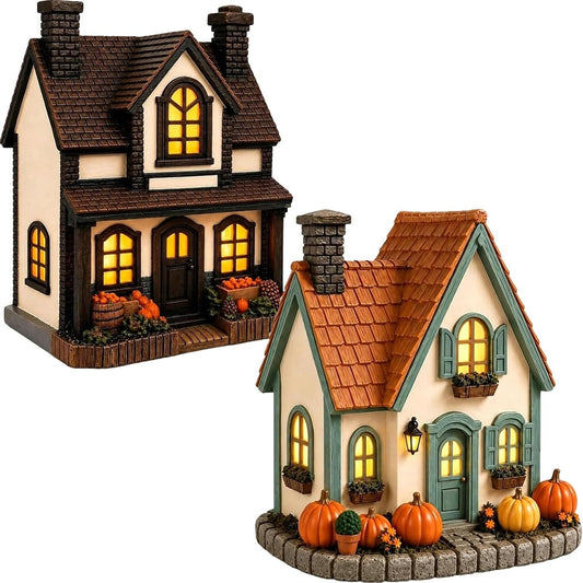Vintage Lighted Autumn Pumpkin Cottage – Hand-Painted Fall Decor for Home