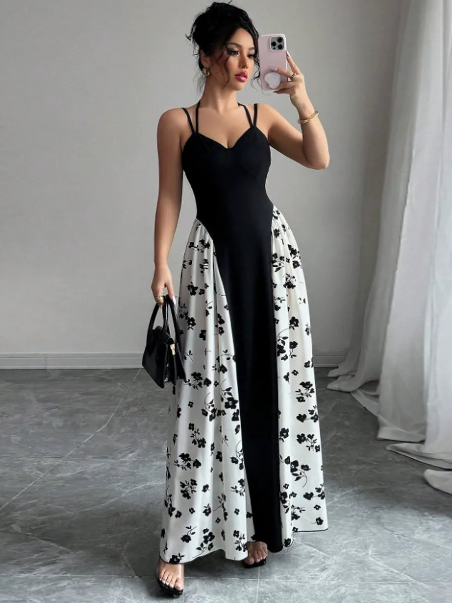 Women’s Viral Black & White Floral Maxi Dress – Elegant Spaghetti Strap Summer Dress