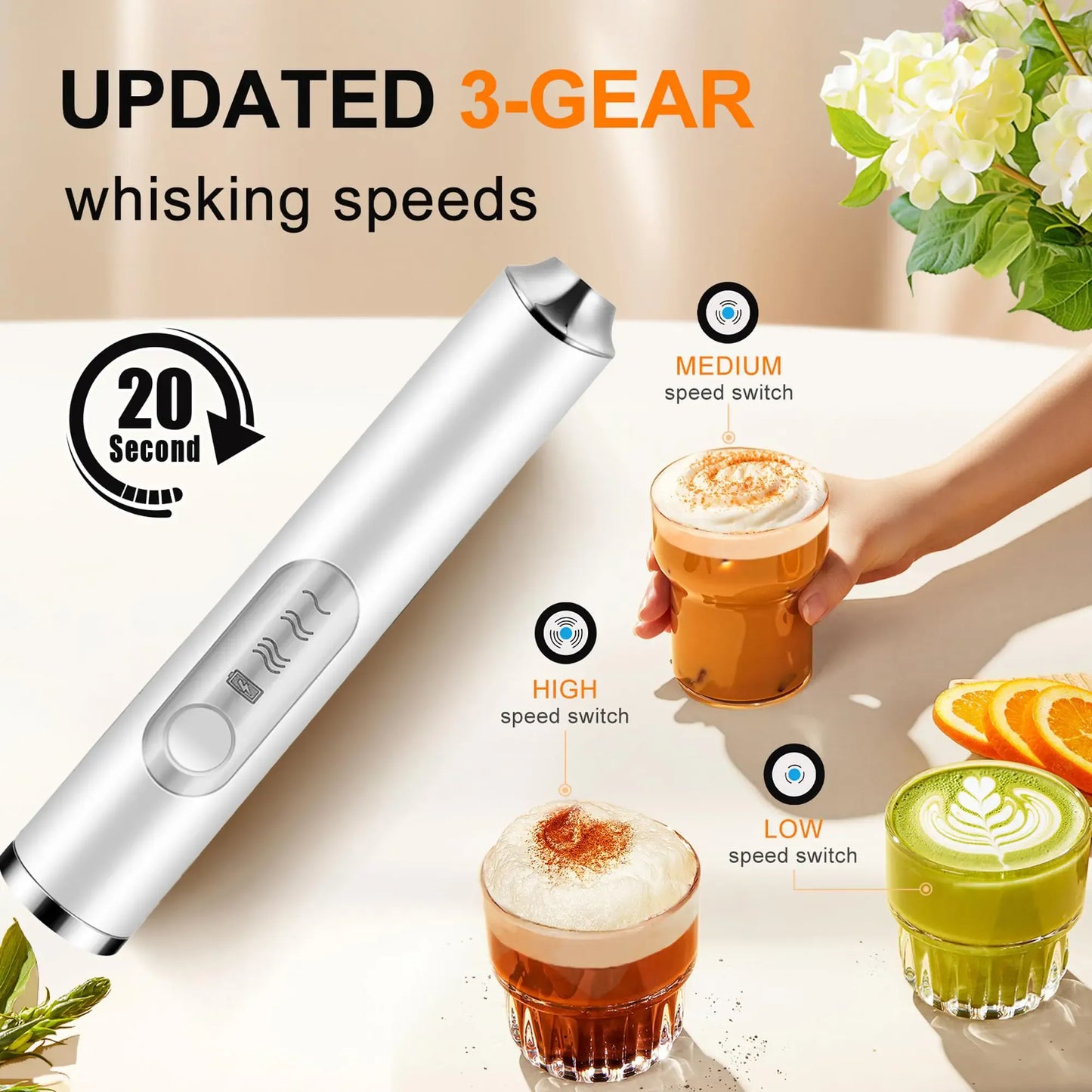 3-Speed Rechargeable Milk Frother - Handheld Cordless Coffee Foam Maker & Whisk
