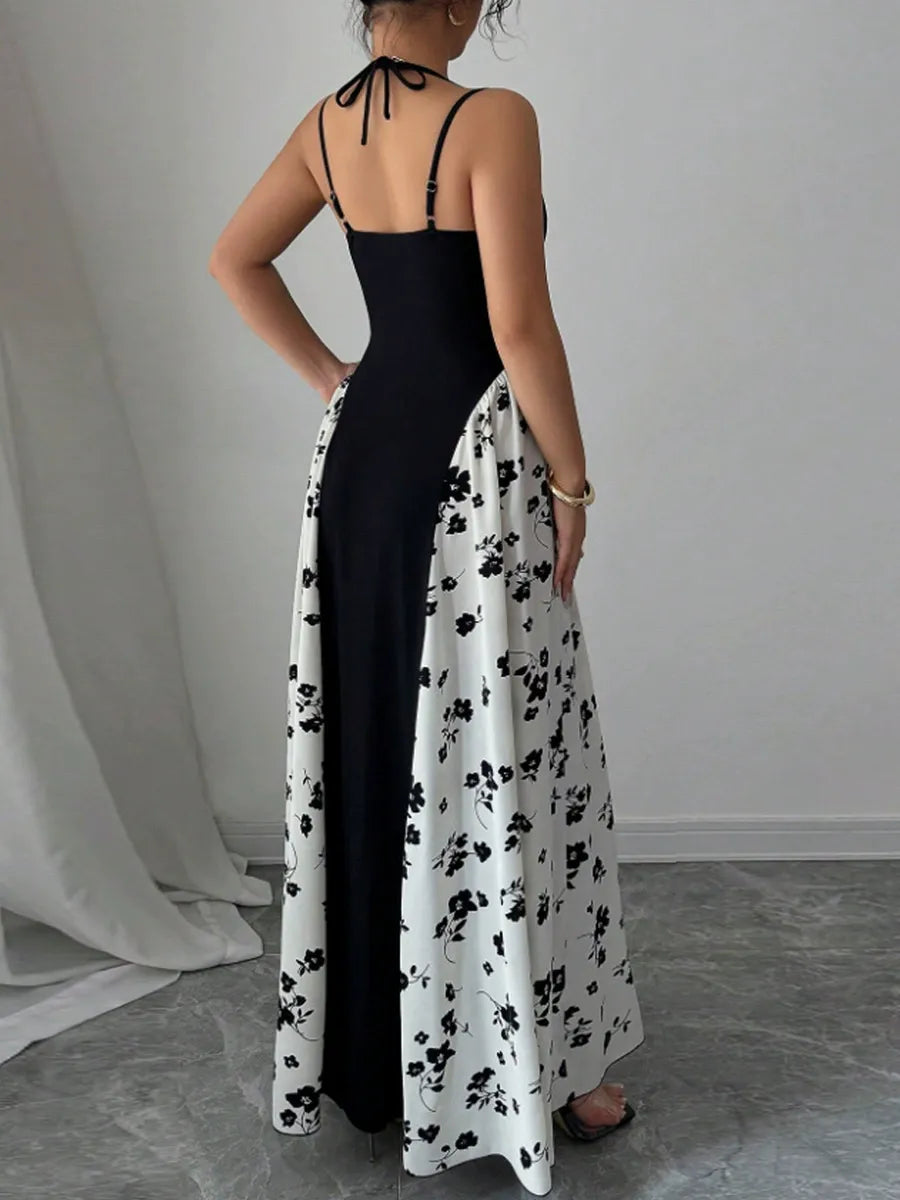 Women’s Viral Black & White Floral Maxi Dress – Elegant Spaghetti Strap Summer Dress