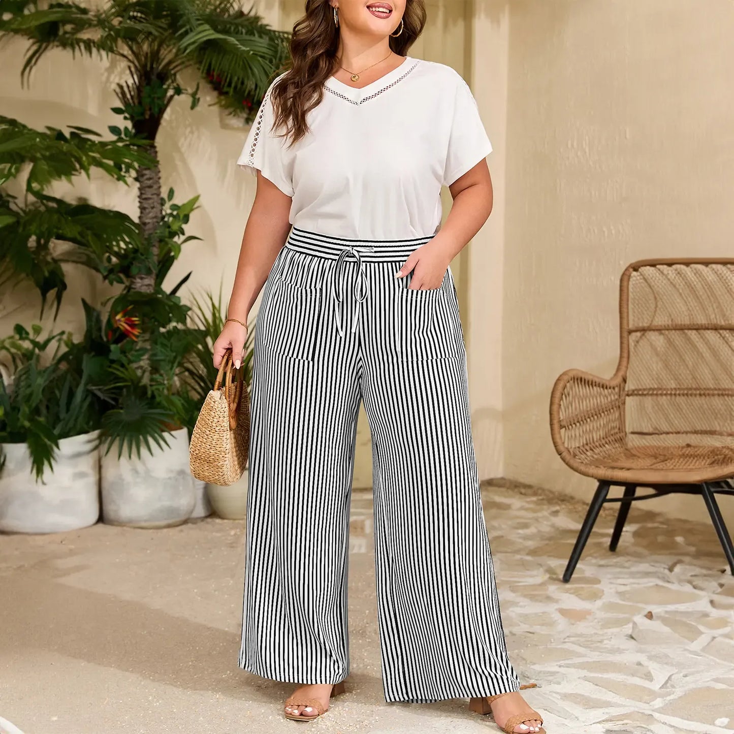 Ultra-Comfort High-Waisted Striped Wide Leg Pants with Deep Pockets
