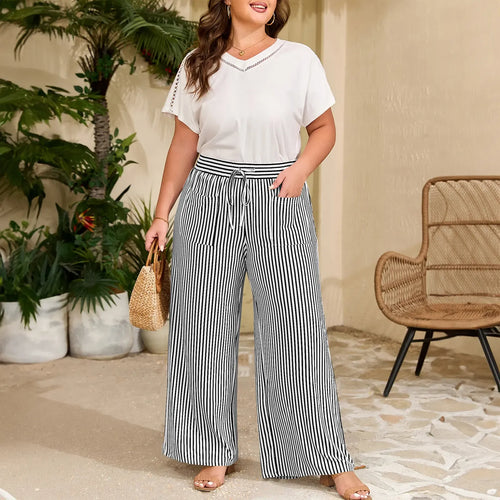 Ultra-Comfort High-Waisted Striped Wide Leg Pants with Deep Pockets