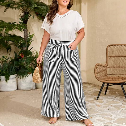 Ultra-Comfort High-Waisted Striped Wide Leg Pants with Deep Pockets