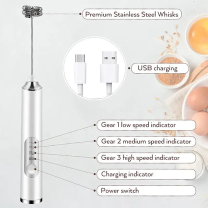 3-Speed Rechargeable Milk Frother - Handheld Cordless Coffee Foam Maker & Whisk