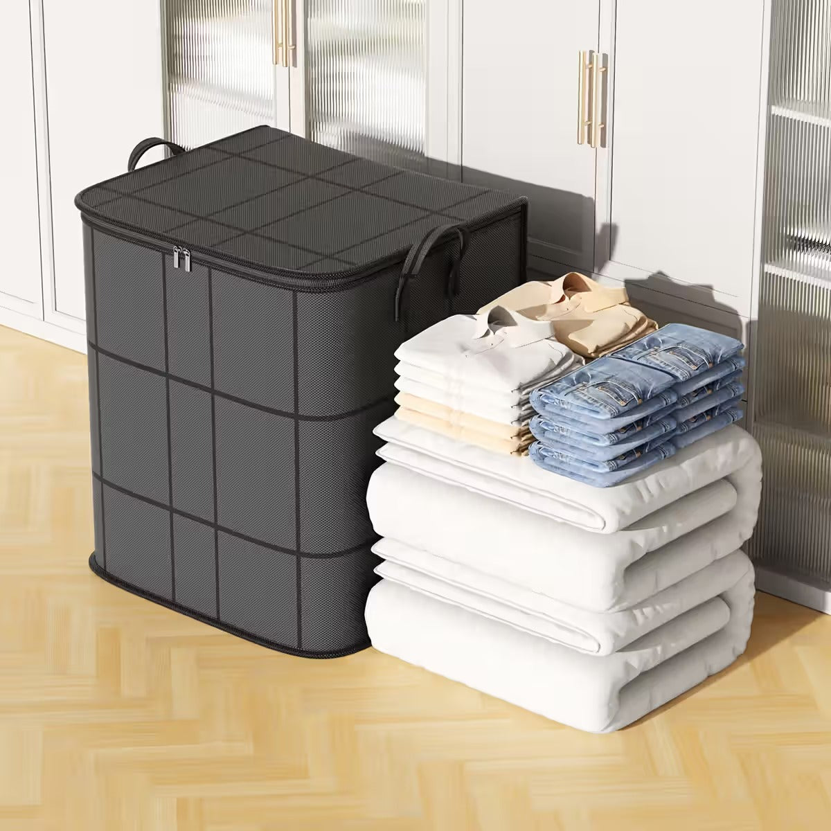 Spacious Moving Fabric Storage Bin – Zippered Organizer for Quilts