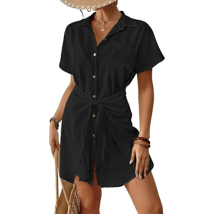 Chic Tummy-Control Swim Cover-Up Dress with Adjustable Waist Tie