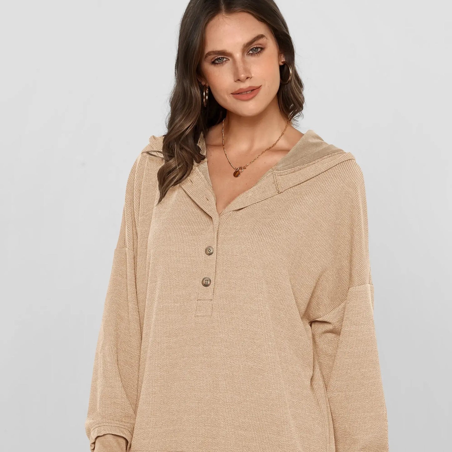 Women's V-Neck Button Lightweight Casual Hoodie
