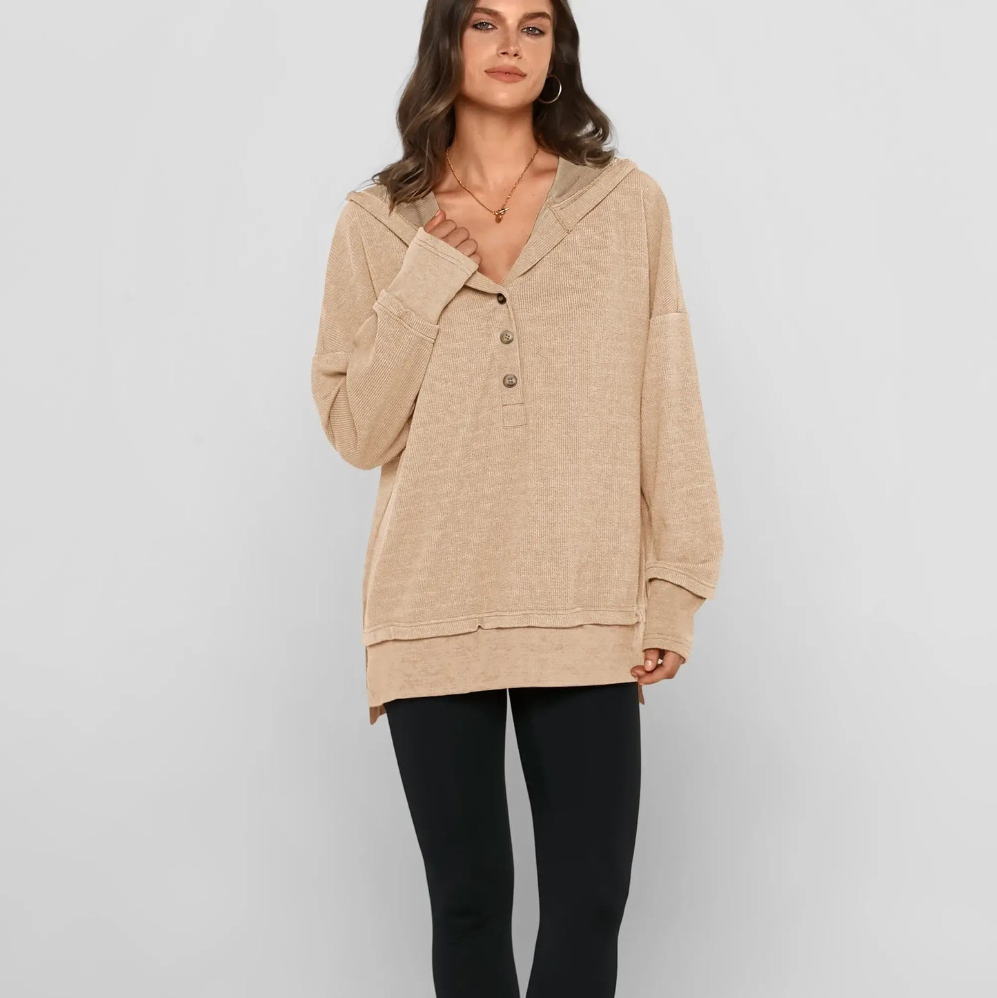 Women's V-Neck Button Lightweight Casual Hoodie