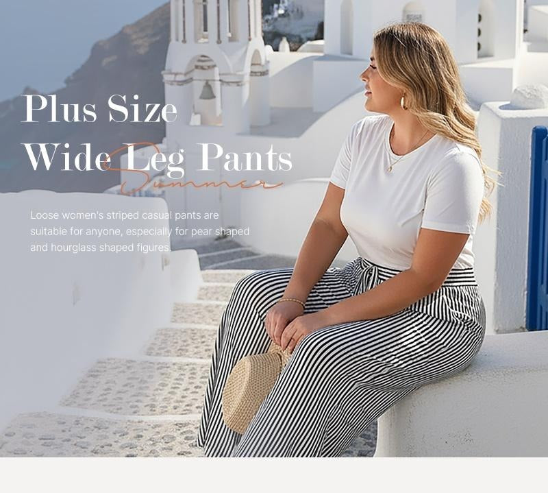 Ultra-Comfort High-Waisted Striped Wide Leg Pants with Deep Pockets