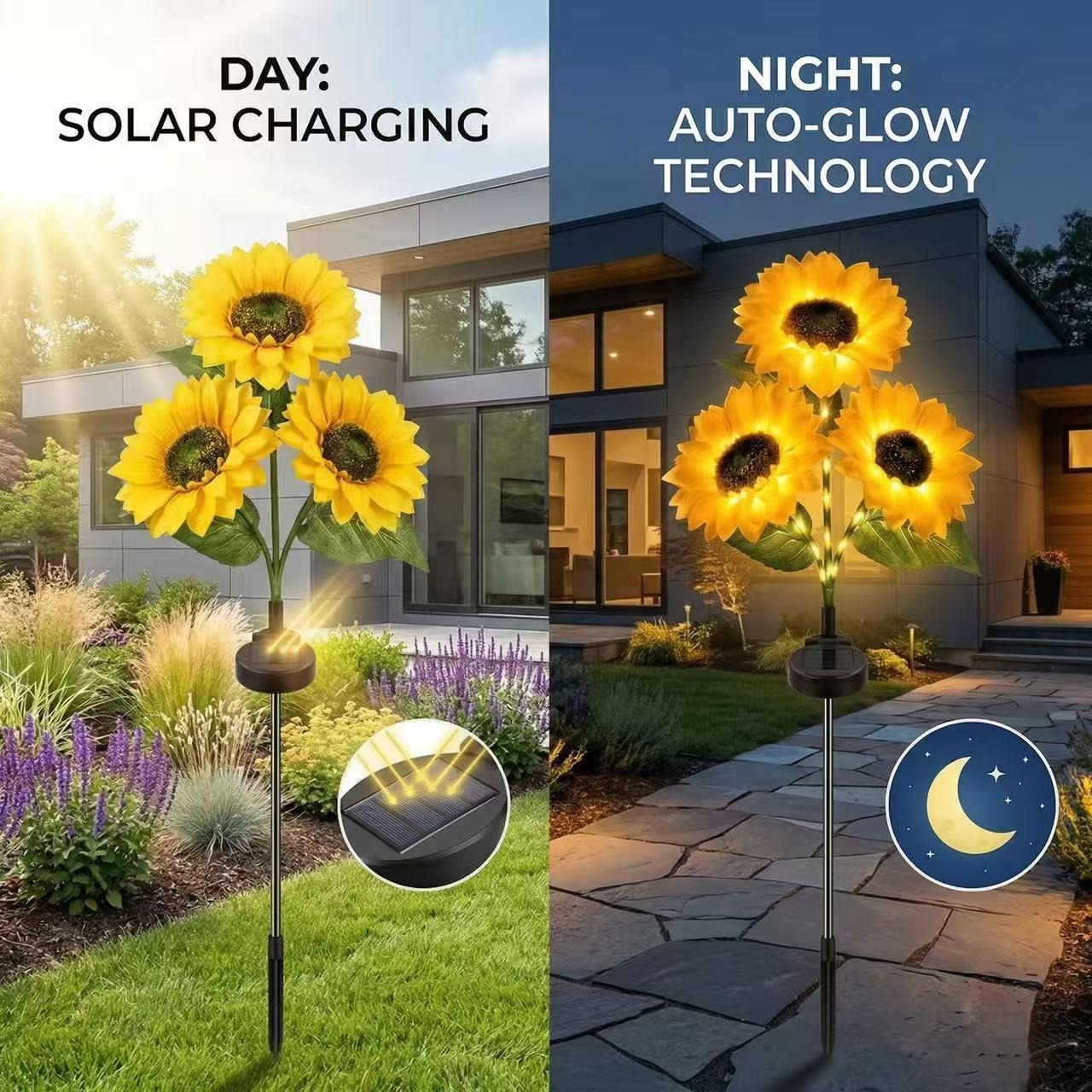 Enchanted Garden 30” Solar Sunflowers - Dual-Mode Light-Up Fiber Optic Yard Stakes