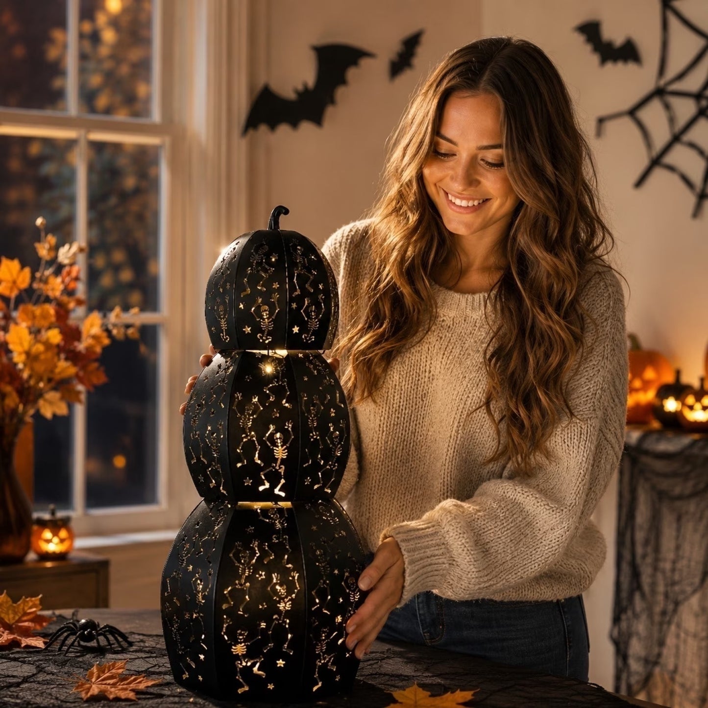 ✨ Stackable LED Pumpkin Lanterns with Skull & Skeleton Shadows