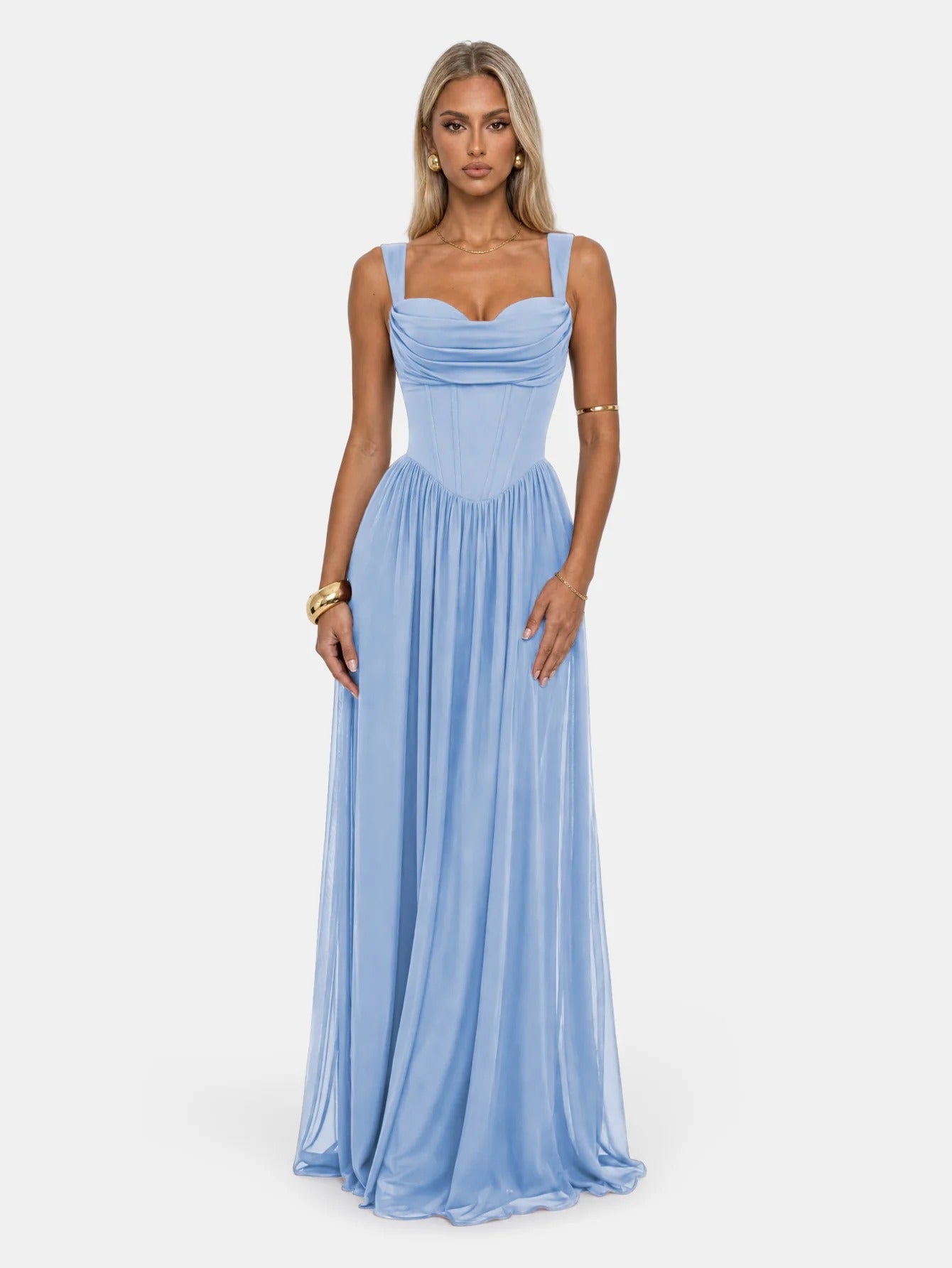 French Corset Pleated Maxi Dress - Strapless Flowy Vacation & Evening Dress