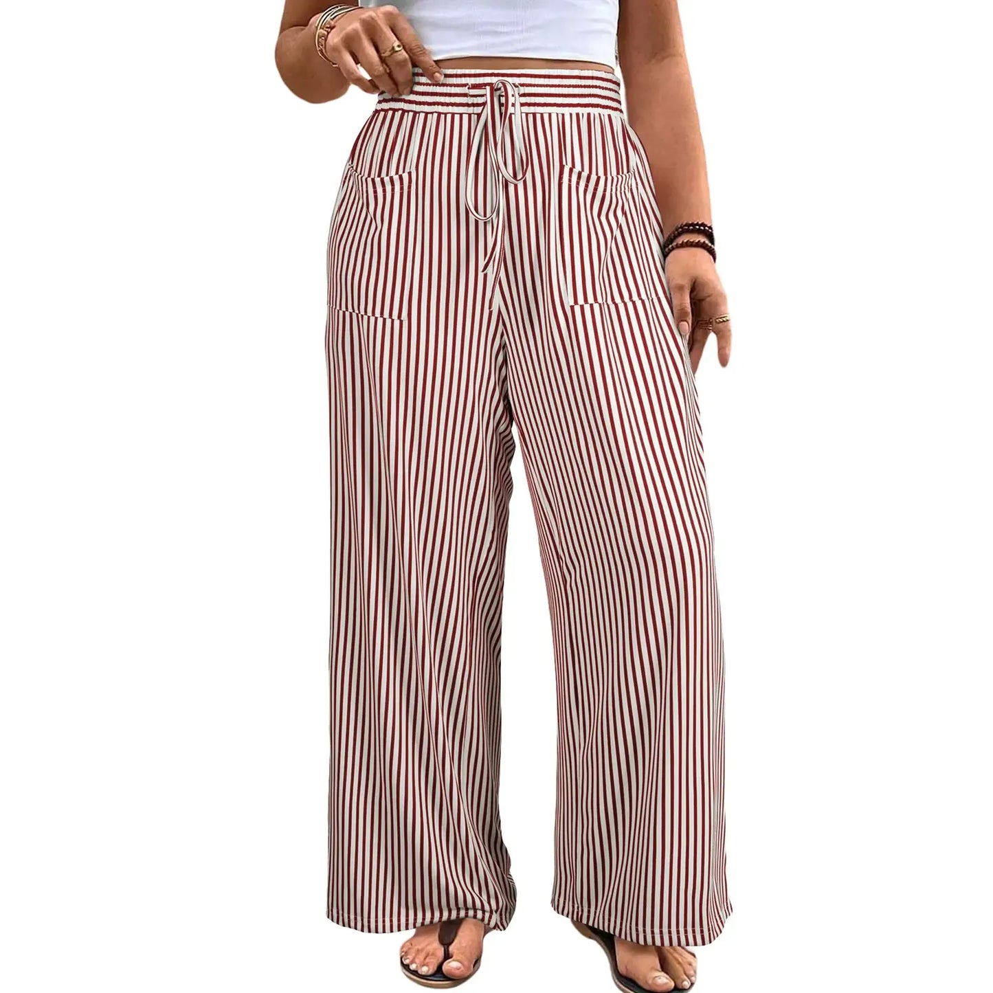 Ultra-Comfort High-Waisted Striped Wide Leg Pants with Deep Pockets