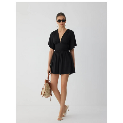 Women's Elegant Ruched Mid-Rise Dress - Flattering V-Neck Knit Midi Dress