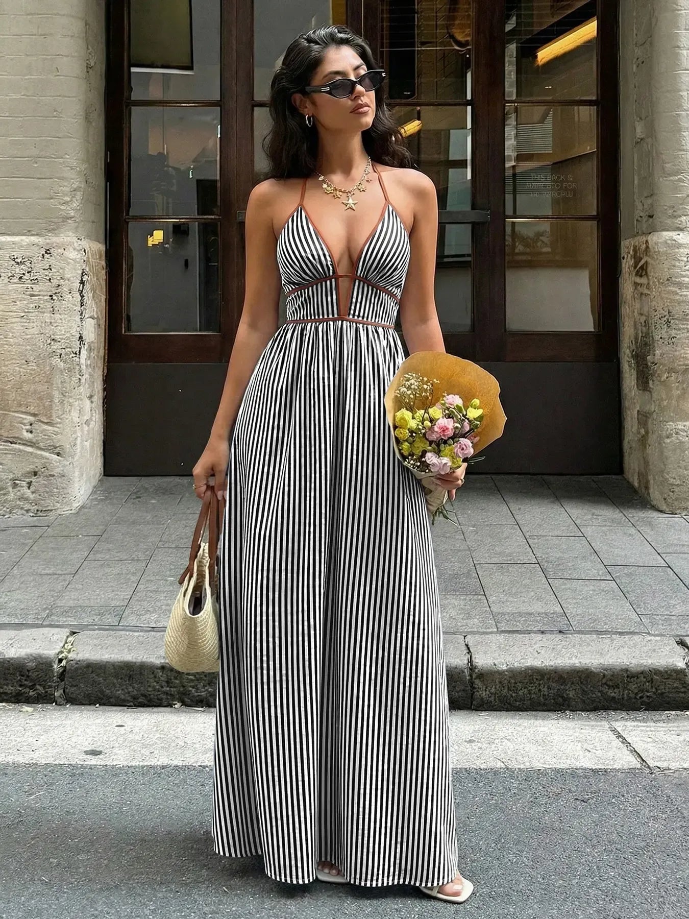 Instant Slimming Striped Maxi Dress – Elegant Deep V-Neck Halter Resort Dress