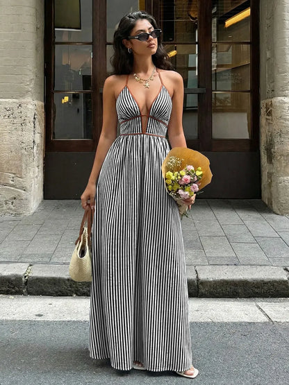 Instant Slimming Striped Maxi Dress – Elegant Deep V-Neck Halter Resort Dress