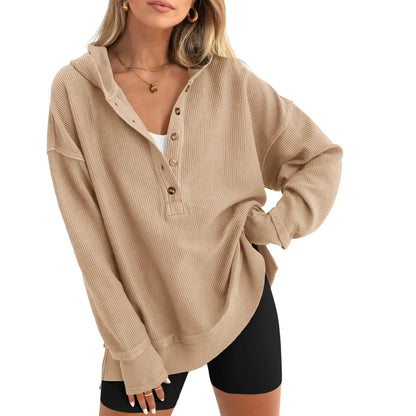 Women's V-Neck Button Lightweight Casual Hoodie