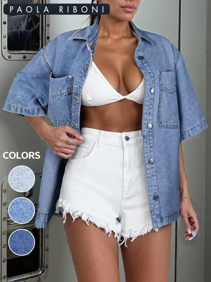 Summer Breeze Minimalist Denim Shirt Jacket – Lightweight & Breathable Short Sleeve