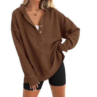 Women's V-Neck Button Lightweight Casual Hoodie
