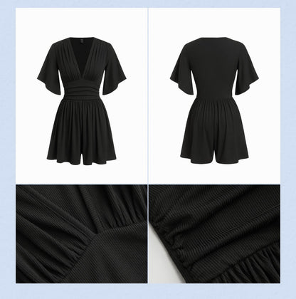 Women's Elegant Ruched Mid-Rise Dress - Flattering V-Neck Knit Midi Dress