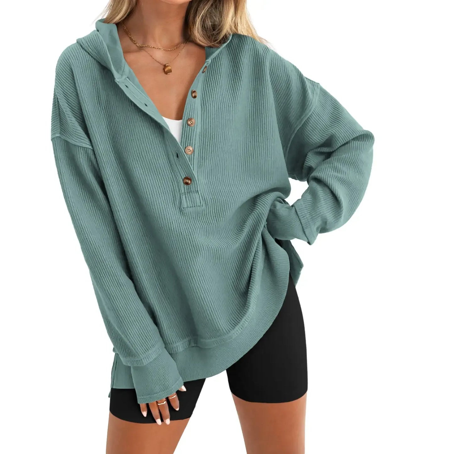 Women's V-Neck Button Lightweight Casual Hoodie